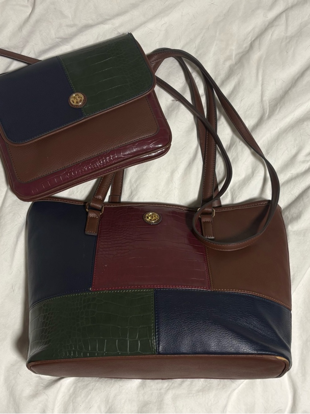 Women's Patchwork Leather Tote and Crossbody Set - Multicolor